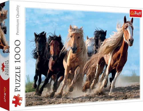 Neofil3D Puzzle 1000 pièces Trefl Chevaux au galop - Paysage, Boîte rectangulaire blanc/rouge/bleu