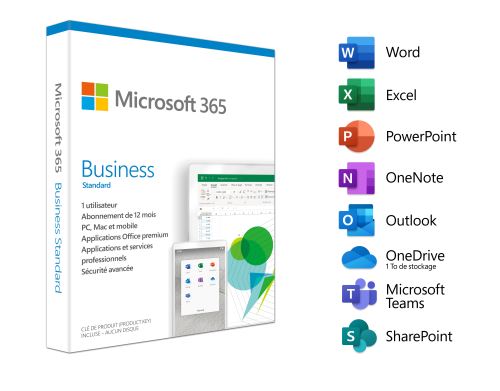 Microsoft 365 Business Standard - 1 utilisateur - 5 PC ou Mac + 5 tablettes + 5 smartphones - 1 an