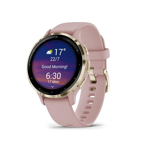 Montre connectée Garmin Venu 3S 41mm en acier Soft Gold, boîtier rose et bracelet en silicone rose - Garmin
