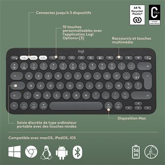 Ensemble clavier Azerty et souris sans fil Bluetooth Logitech Pebble 2 Combo pour Mac Graphite