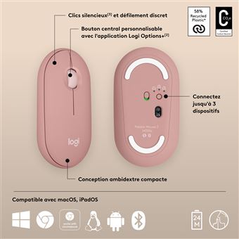 Souris sans fil Bluetooth Logitech Pebble Mouse 2 M350s Rose