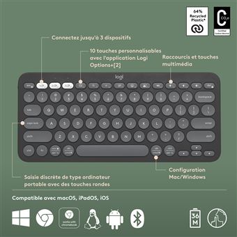 Clavier sans fil Bluetooth Azerty Logitech Pebble Keys 2 K380s Graphite