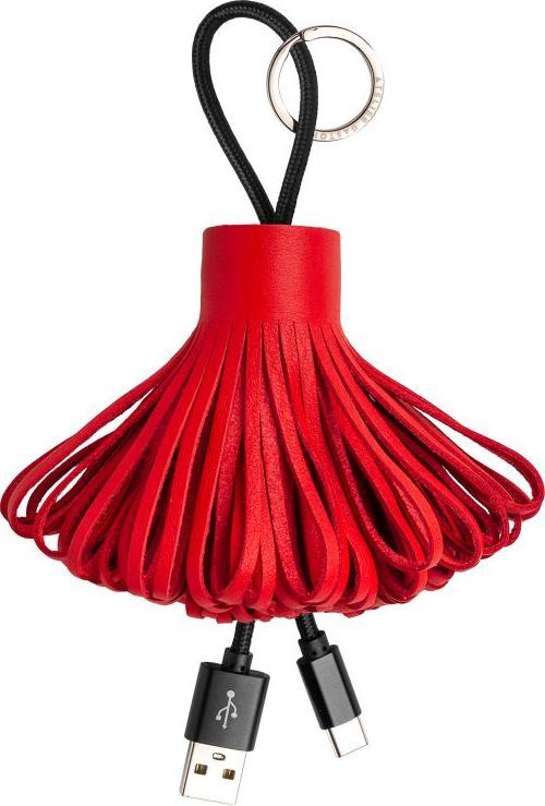Câble écoresponsable de charge Atelier Gaston USB-C avec pompom en cuir Rouge et anneau de porte-clé
