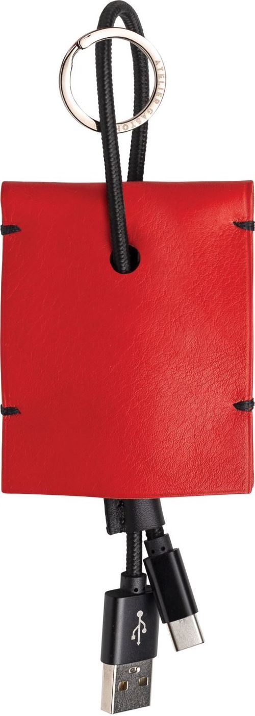 Câble écoresponsable de charge Atelier Gaston USB-C avec étui en cuir Rouge et anneau de porte-clé
