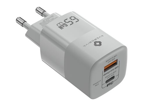 Chargeur universel Everdrive GaN 65W USB-C et USB-A Blanc pour PC portable Smartphone et Tablette + Câble USB-C 1.5 m - Everdrive