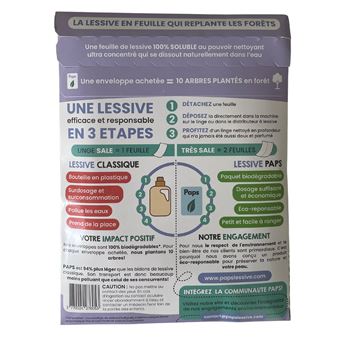 Enveloppe de 44 Feuilles de Lessive ultra concentree - 44 Lavages - Parfum Lavande - Facile à transporter et à ranger - Pour tout type de linge de 20 à 60 - Economique: pas de surdosage possible - Clean pour la planete - Zero plastique - Ecologique