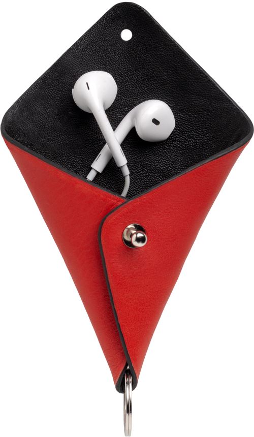 Etui en cuir écoresponsable Atelier Gaston Rouge et Noir avec anneau de porte-clé pour écouteurs filaire