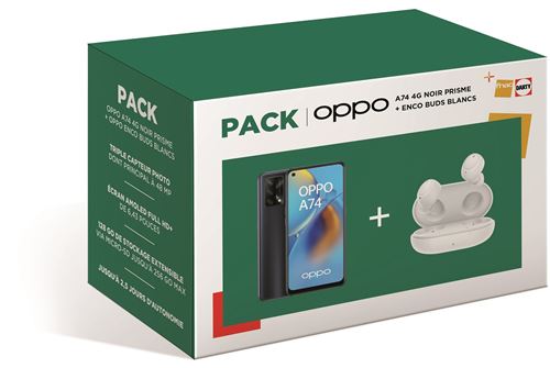 Pack Smartphone Oppo A74 6.43 Double SIM 128 Go Noir + Ecouteurs sans fil Oppo Enco Buds à réduction du bruit Blanc
