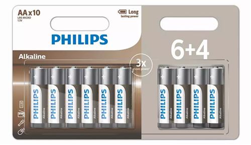 Lot de 10 piles Philips LR06 Alcaline 6+4