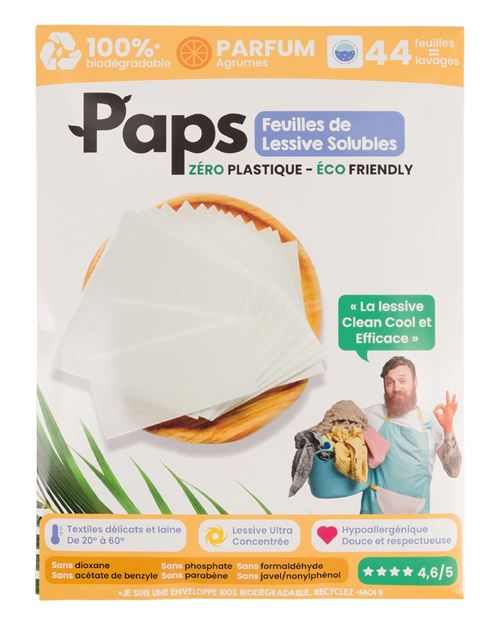 Enveloppe de 44 Feuilles de Lessive ultra concentree - 44 Lavages - Parfum Agrumes - Facile à transporter et à ranger - Pour tout type de linge de 20 à 60 - Economique: pas de surdosage possible - Clean pour la planete - Zero plastique - Ecologique
