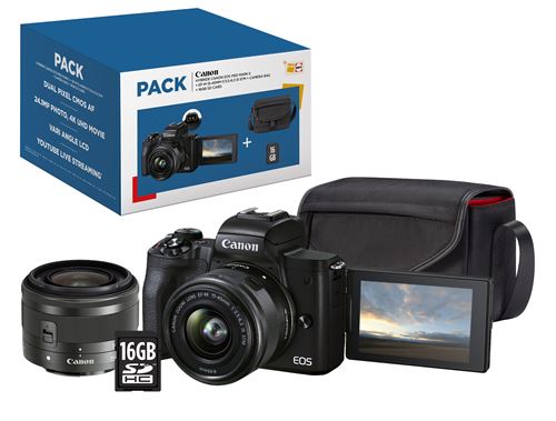 Pack Fnac Hybride Canon EOS M50 Mark II Noir + Objectif EF-M 15-45 mm f/3.5-6.3 IS STM + Etui + Carte SD 16 Go