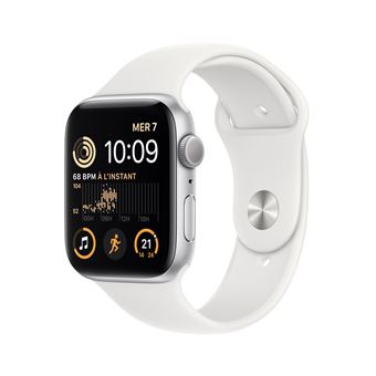 Apple Watch SE GPS 2ème génération, boîtier Aluminium Argent 44mm avec Bracelet Sport Blanc