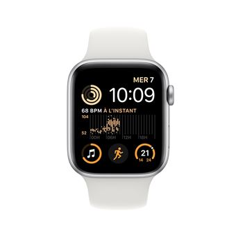 Apple Watch SE GPS 2ème génération, boîtier Aluminium Argent 44mm avec Bracelet Sport Blanc