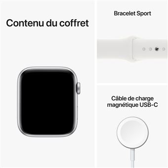 Apple Watch SE GPS 2ème génération, boîtier Aluminium Argent 44mm avec Bracelet Sport Blanc