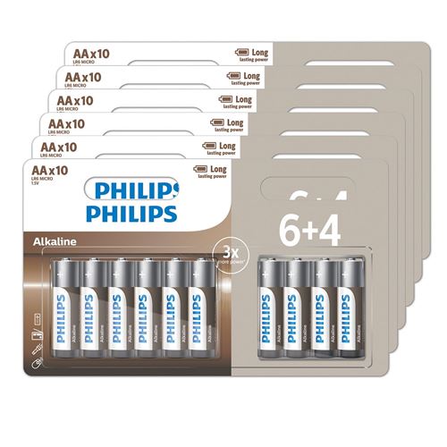 Lot de 60 piles alcalines Philips AA 6 pack de 6+4