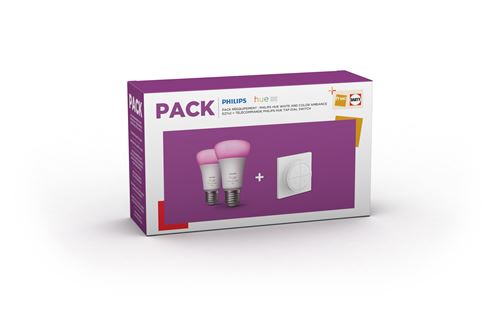Pack Rééquipement 2 Ampoules Philips Hue White And Color Ambiance + 1 Télécommande Tap Dial Switch Blanc