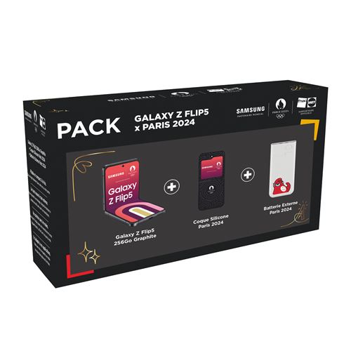 Pack Smartphone Samsung Galaxy Z Flip5 6,7"" 5G Nano SIM 256 Go Graphite + Coque en silicone Paris 2024 + Batterie Externe Paris 2024 État correct - Samsung reconditionné disponible sur Fnac
