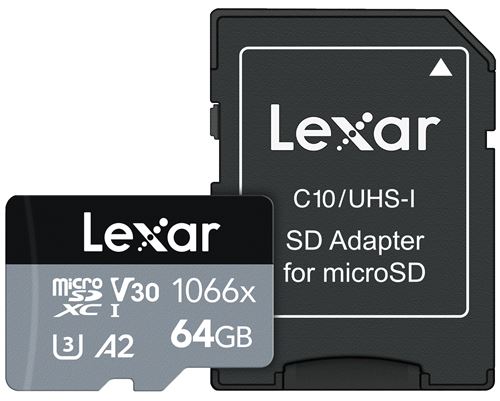 Carte MicroSDXC Lexar 1066x - 64Go - Class 10 U3 V30 A2 - Adaptateur inclus - Noir et Grise