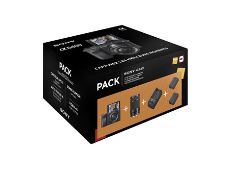 Pack Fnac Appareil photo Hybride Sony A6400 + Objectif E PZ 16 50 mm f3.5 5.6 OSS + Objectif E 55 210 mm f4.5 6.3 OSS + chargeur externe + 2ème batterie