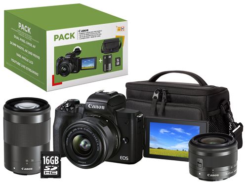Pack Fnac Hybride Canon EOS M50 Mark II Noir + Objectif EF-M 15-45 mm f/3.5-6.3 IS STM + Objectif EF-M 55-200 mm f/4.5-6.3 IS STM Noir + Etui + Carte SD 16 Go