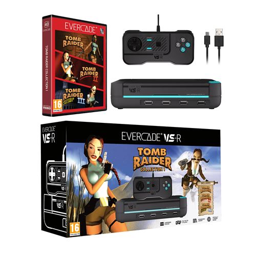Pack Console rétrogaming Just For Games pour Evercade VS-R Gris et noir + 3 jeux Tomb Raider Collection 1
