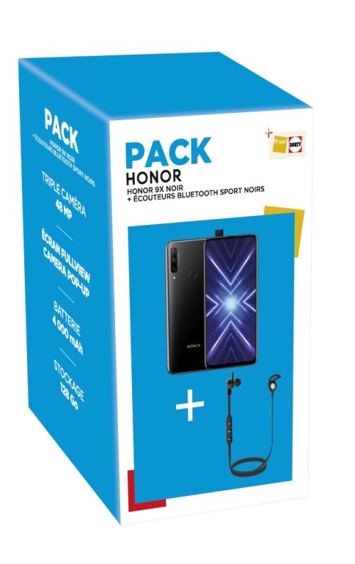 Pack Smartphone Honor 9X Double SIM 128 Go Noir + Ecouteurs intra-auriculaire sans fil Sport V985