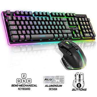 ULTIMATE 600 Pack clavier/souris RGB sans fil 2,4 Ghz rechargeable  :  Clavier 104 Touches semi-mecaniques / 12 Raccourcis multimedia  // SOURIS 4800 DPI / 8 Boutons dont 1 RapidFire / Acceleration 10 G, Vitesse 4000 fps, Frequence 250 Hz