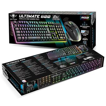 ULTIMATE 600 Pack clavier/souris RGB sans fil 2,4 Ghz rechargeable  :  Clavier 104 Touches semi-mecaniques / 12 Raccourcis multimedia  // SOURIS 4800 DPI / 8 Boutons dont 1 RapidFire / Acceleration 10 G, Vitesse 4000 fps, Frequence 250 Hz