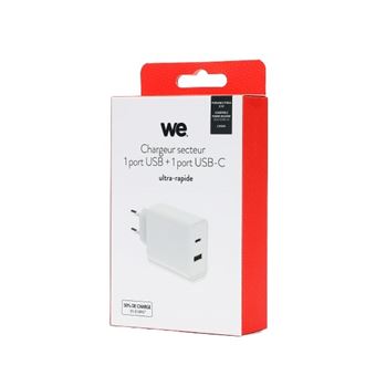 Chargeur Mural USB Rapide 65W - 3 Ports (USB/USB-C) Blanc - Charge Simultanée Téléphone, Tablette, IPad