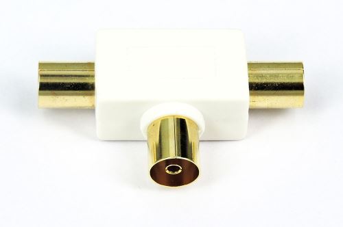 Fiche T coaxiale TV Temium Connecteur plaqué Or Femelle vers 2 Mâle Blanc