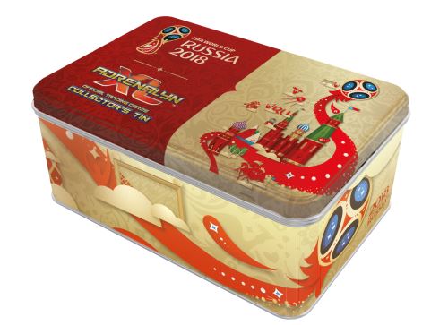 Boîte en métal avec 8 pochettes de 5 stickers Foot Coupe du Monde 2018 Panini