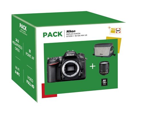 Pack Fnac Reflex Nikon D7200 Boîtier Nu + Objectif AFS DX Nikkor 18-105 mm f/3.5-5.6G ED VR + Fourre-tout + Carte mémoire SDHC 16 Go État correct - Nikon reconditionné disponible sur Fnac