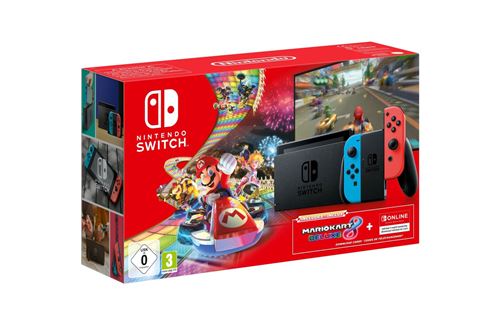 Pack Console Nintendo Switch + Paire de Joy-Con Rouge et Bleu Neon V2 + Mario Kart 8 Deluxe + Abonnement Nintendo Switch Online