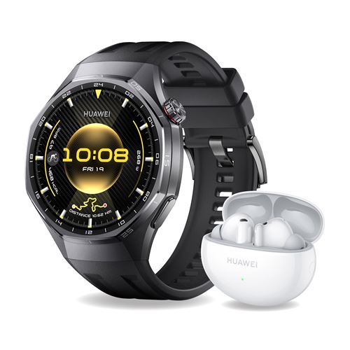 Pack Montre Connectée Huawei Watch Gt6 Pro 46 Mm Bluetooth Titane Noir Avec Bracelet Fluoroélastomère Noir + Ecouteurs Freebuds 6I Blanc