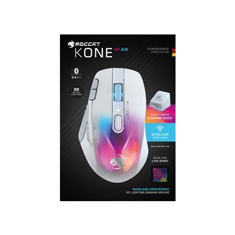 ROCCAT Kone XP Air - Souris - optique - 10 boutons - sans fil, filaire - Bluetooth, 2.4 GHz - récepteur sans fil USB - blanc