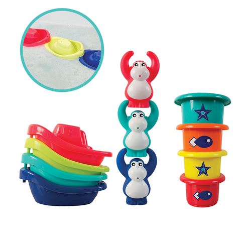 LUDI Coffret de bain: bateaux multicolores et petits singes acrobates