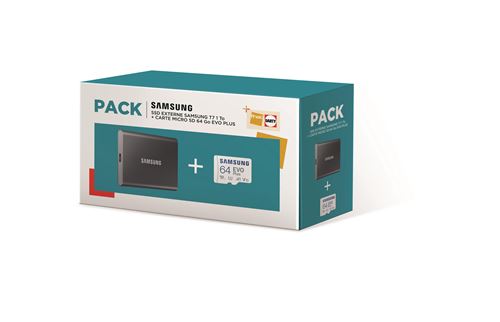 Pack Fnac Disque SSD Externe Samsung Portable T7 1 To USB 3.2 Gris titane + Carte Micro SD 64 Go Evo Plus