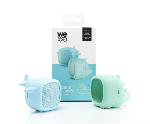 Mini Enceinte Bluetooth We Blue et Vert avec 2 coques interchangeable Avion Bleu et Dino Vert