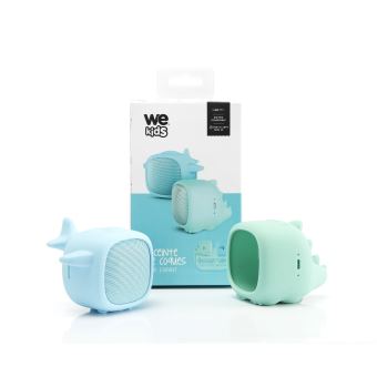 Mini Enceinte Bluetooth We Blue et Vert avec 2 coques interchangeable Avion Bleu et Dino Vert