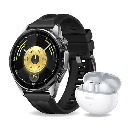 Pack Montre connectée Huawei Watch GT6 46 mm Bluetooth Noir avec bracelet fluoroélastomère Noir + Ecouteurs FreeBuds 6i Blanc