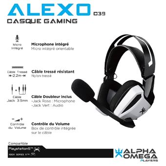 Casque filaire Gaming Alpha Omega Players Alexo Noir et blanc