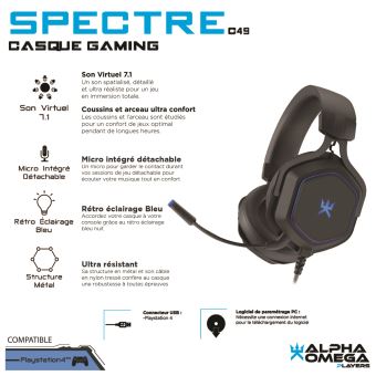 Casque Gaming Alpha Omega Players 7.1 Spectre Noir pour PS4