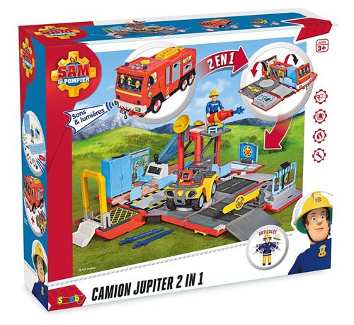 Smoby Sam le Pompier 109251029002 1 figurine Sam Playset Camion Jupiter 2 en 1 Electronique Quad 