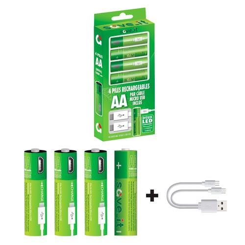 Pack de 4 piles AA rechargeables USB Nature et Découvertes Vert