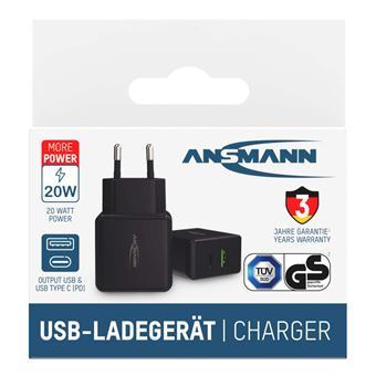 Adaptateur secteur universel avec 2 ports USB Ansmann HC218PD 20 W Noir