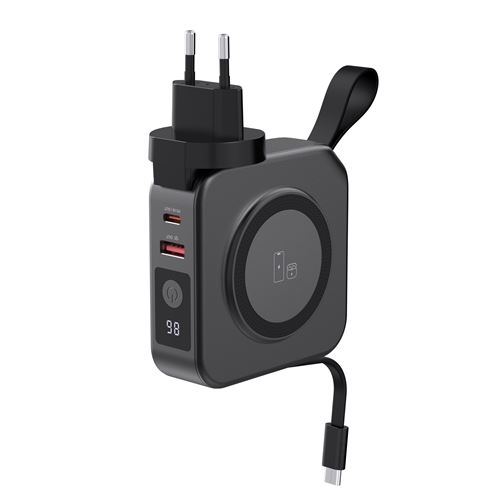 Force Power Noir Powerbank Sans Fil Magnétique Magsafe 10000 Mah + Chargeur Voyage 20 W Usb A+C