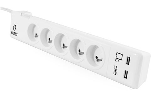 Multiprise parafoudre Watt&Co 5 ports 16A + 2 ports USB Blanc