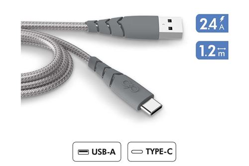 Câble de charge renforcé USB-A vers USB-C Force Power 1.2 m Gris