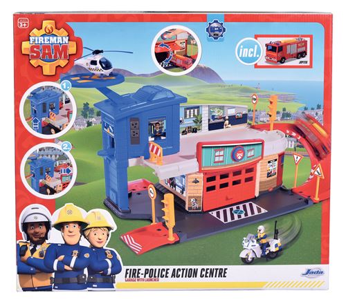 Caserne Pompier Police de Sam le Pompier avec de nombreux accessoires inclus dont :lanceur, pistes, etage avec terrasse, et heliport. Livree avec 1 camion Jupiter en metal.