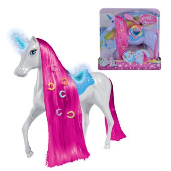 Licorne lumineuse pour poupees mannequins 29cm. La corne et la selle s''illuminent. 1 brosse et 6 barrettes incluses. 3 piles LR44 incluses. Poupee mannequin non incluse.